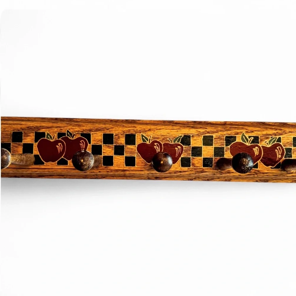 Vintage Wooden Wall Coat Rack Hand Painted Apple Checker Farmhouse Cottagecore